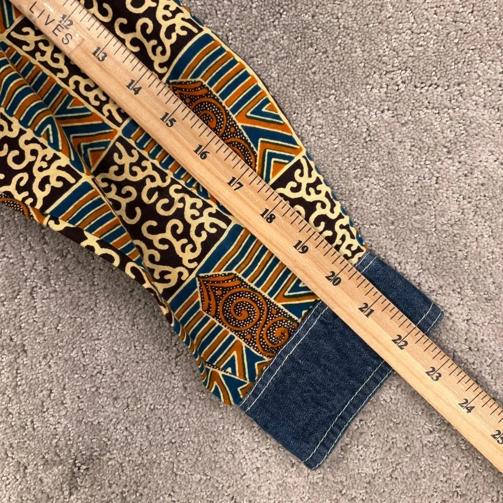 Unity Shirt Mens Small Blue Orange Western Snap Tribal Wax Print Geometric Denim